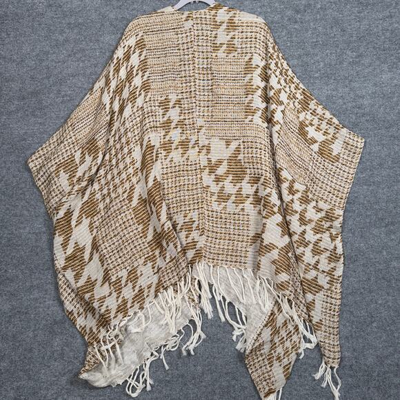 Soft Surroundings One Size Shawl Open Wrap Poncho BOHO Tan Western Design Fringe - Picture 2 of 7
